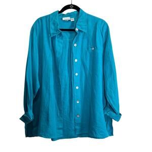 Chicos Design Vintage Linen Button-up Blouse Shirt M Aqua Blue Teal Turquoise